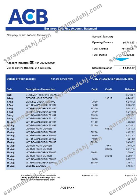 ACB Bank firm account statement Word and PDF template